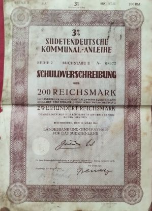 Sudetoněmecký komunální dluhopis z roku 1941 v hodnotě 200 říšských marek