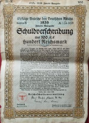 Německý dluhopis Německé říše (Schuldverschreibung) z roku 1939 s nominální hodnotou 100 říšských marek.