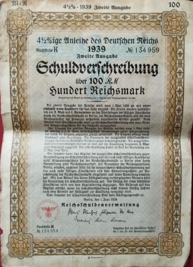 Německý dluhopis Německé říše (Schuldverschreibung) z roku 1939 s nominální hodnotou 100 říšských marek.
