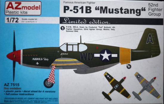 Plastiková stavebnice modelu letadla AZmodel 1/72 P-51B Mustang "52nd Fighter Group" (AZ7515). 