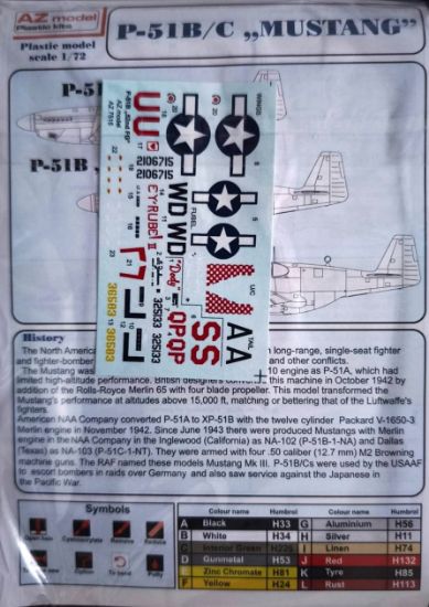Plastiková stavebnice modelu letadla AZmodel 1/72 P-51B Mustang "52nd Fighter Group" (AZ7515). 